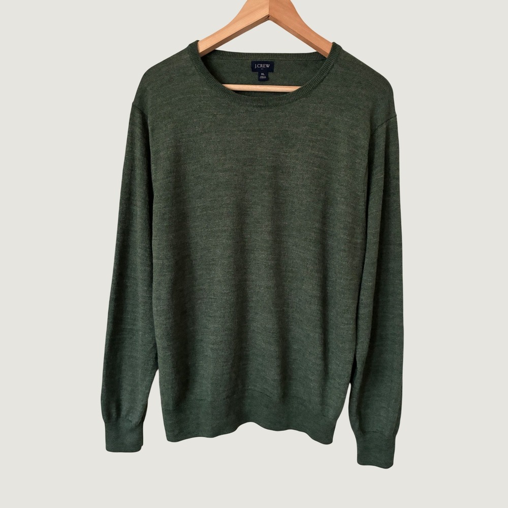 J.Crew Men Merino Wool Blend Crewneck Sweater XL Olive Green Heather Knit Preppy